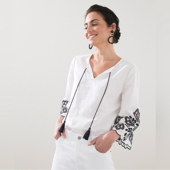 Chico's Linen Blend Blouse with Navy Blue Embroidery - Picture 1 of 11